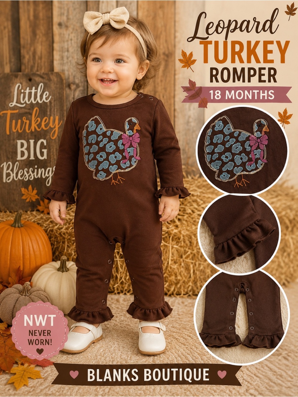 NWT Blanks Boutique 18M Leopard Bow Turkey Thanksgiving Ruffle Romper Brown